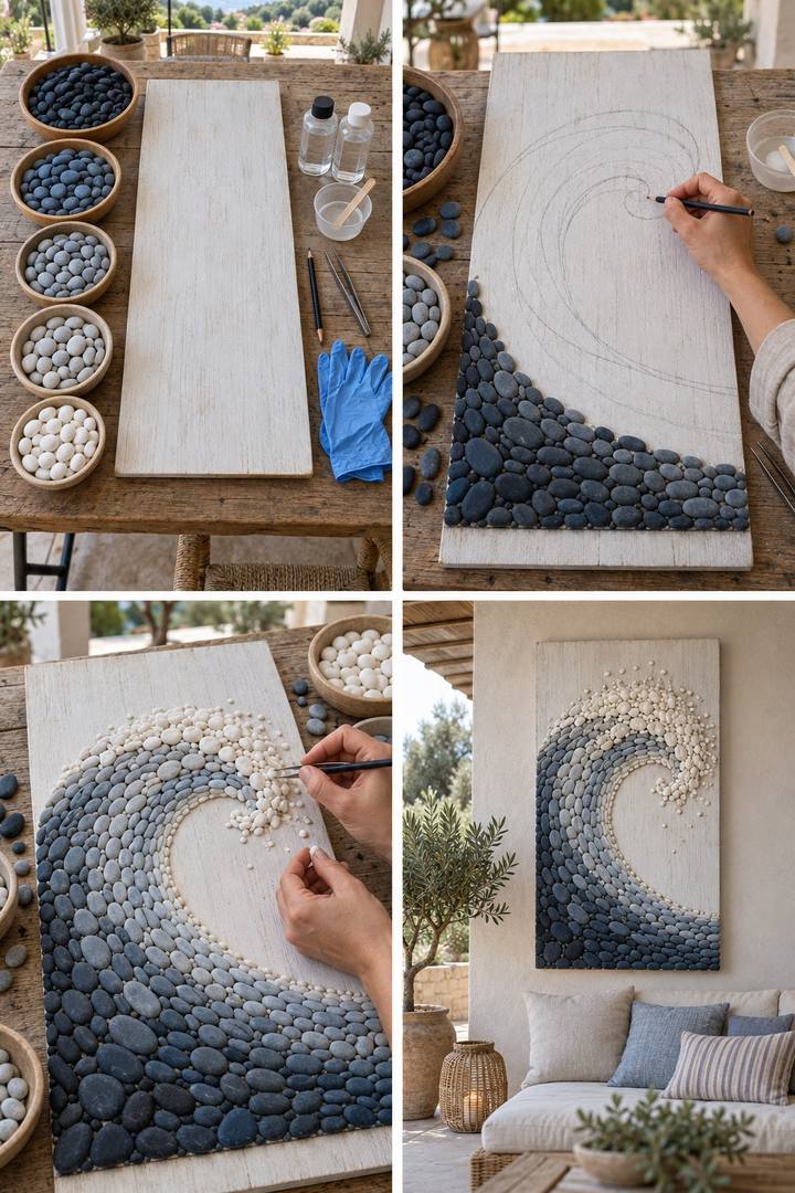 Blue and white pebbles arranged as a curling ocean wave on a tall pale timber panel