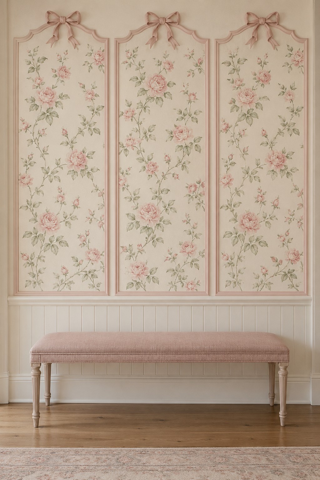 Three tall rose patterned wall panels with pink molded borders and decorative bows above a blush bench