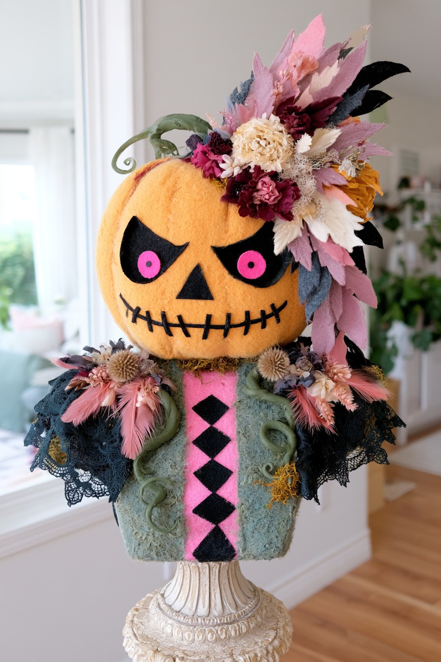 Orange pumpkin bust with a sage torso, black lace, and pink floral details