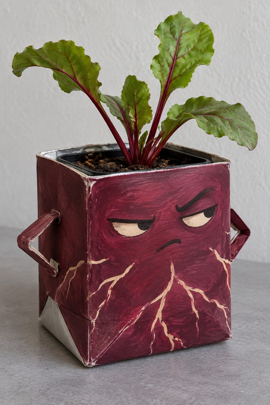 Burgundy square character planter with angular arms and red stemmed foliage