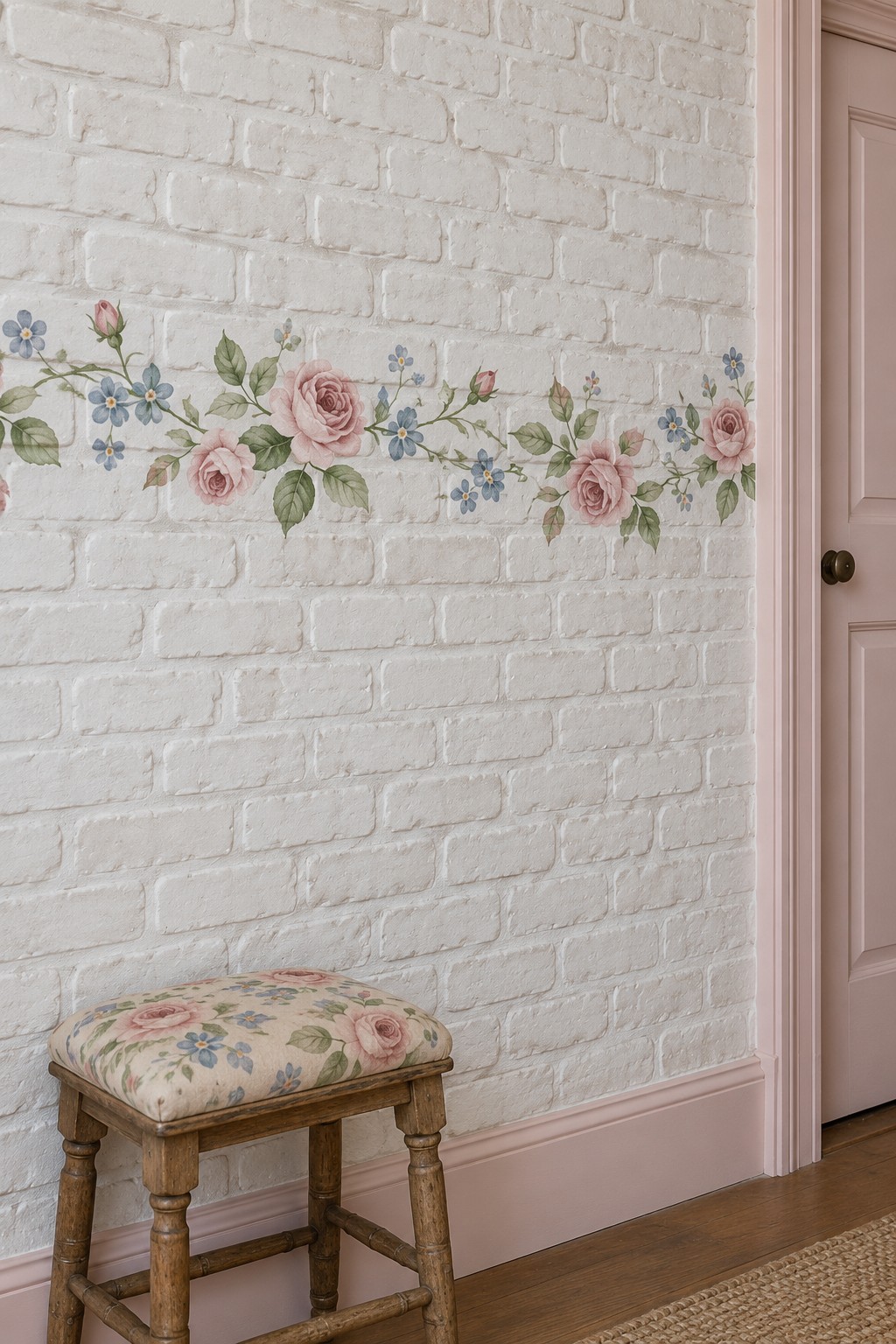 Pink roses and small blue flowers painted as a horizontal garland across white brick with pink trim