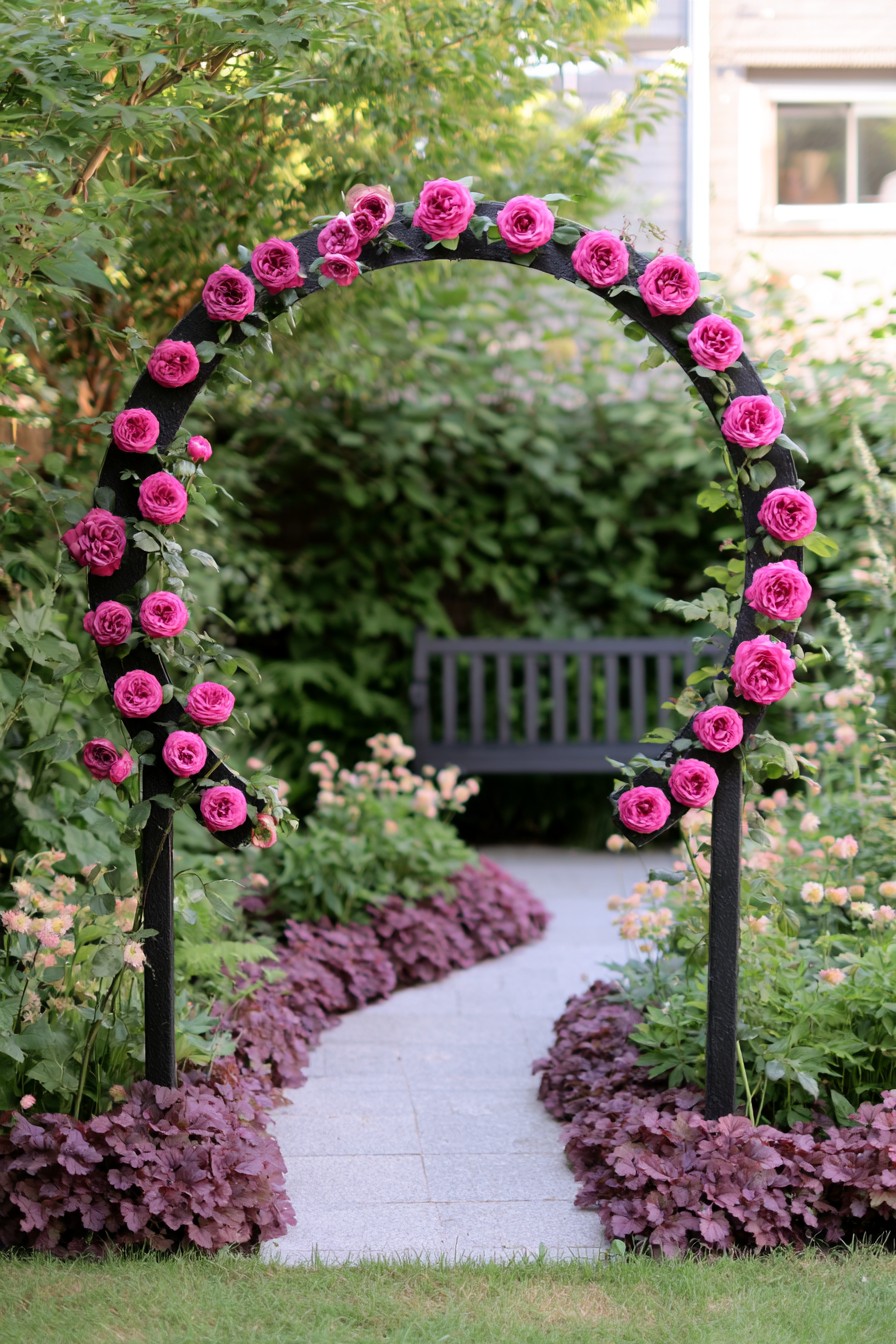 Circular black garden arch with pink rose accents framing a path toward a bench