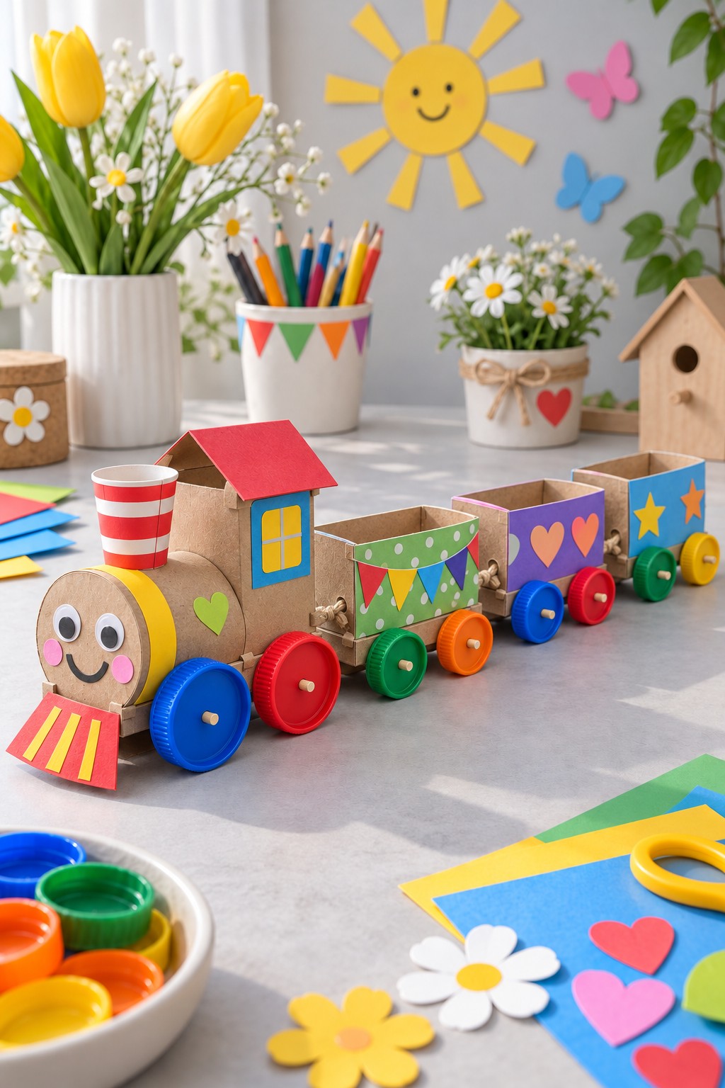 Cardboard locomotive with a smiling round front and three decorated box carriages on bottle cap wheels