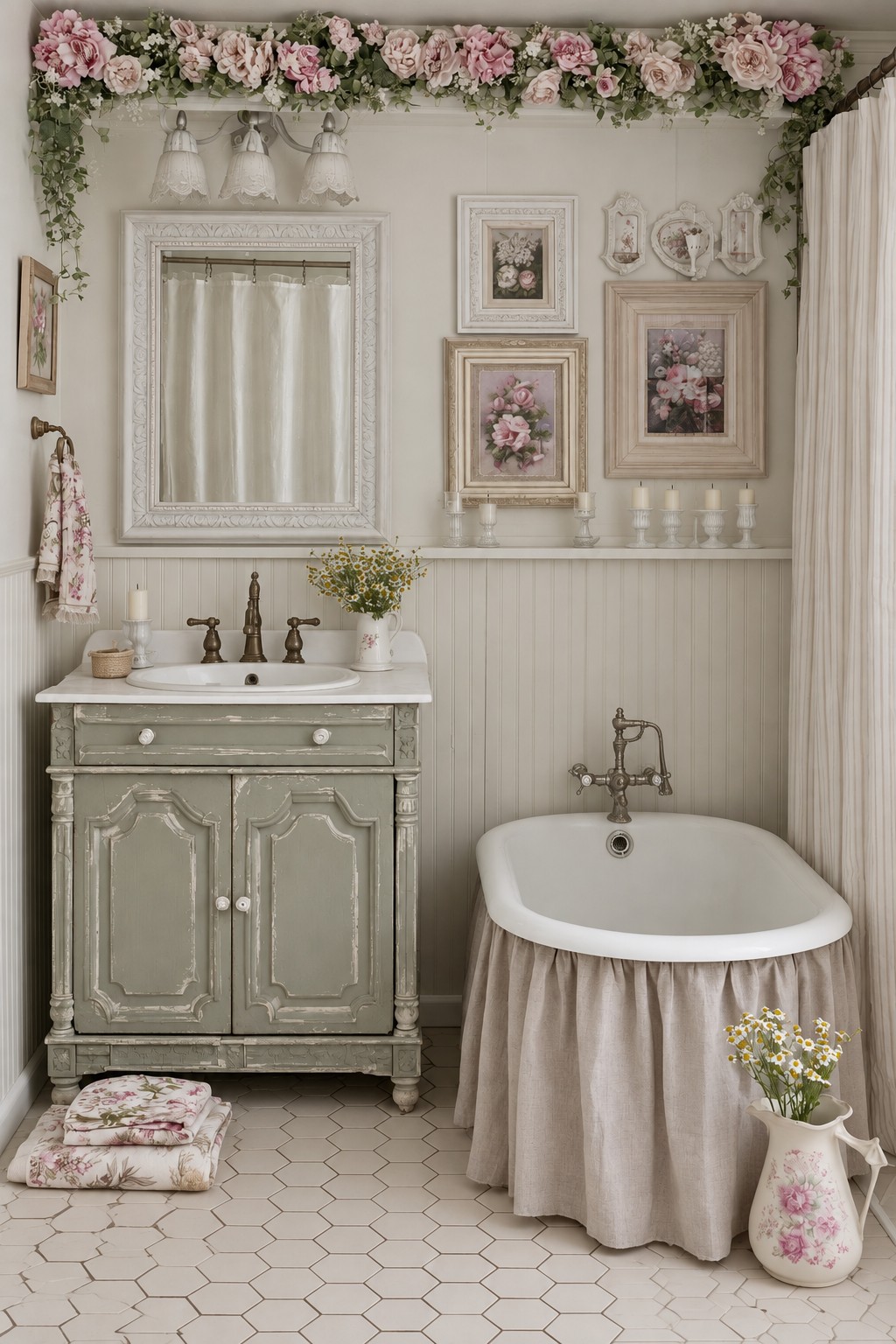 Distressed sage vanity and ivory fabric skirt around a bathtub beneath a floral ceiling garland