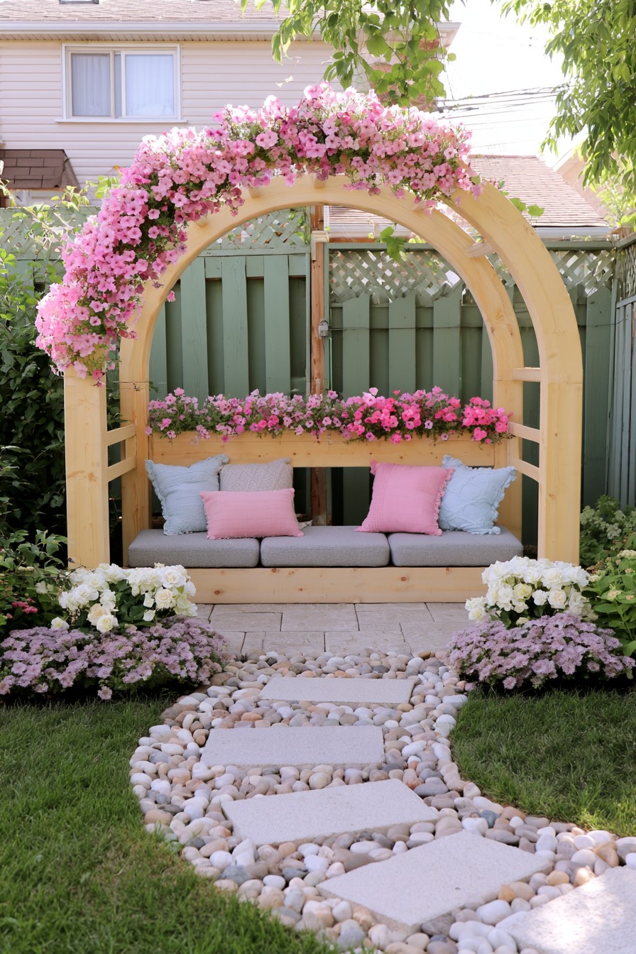 Wide timber arbor with a pink flowering canopy above a cushioned garden bench