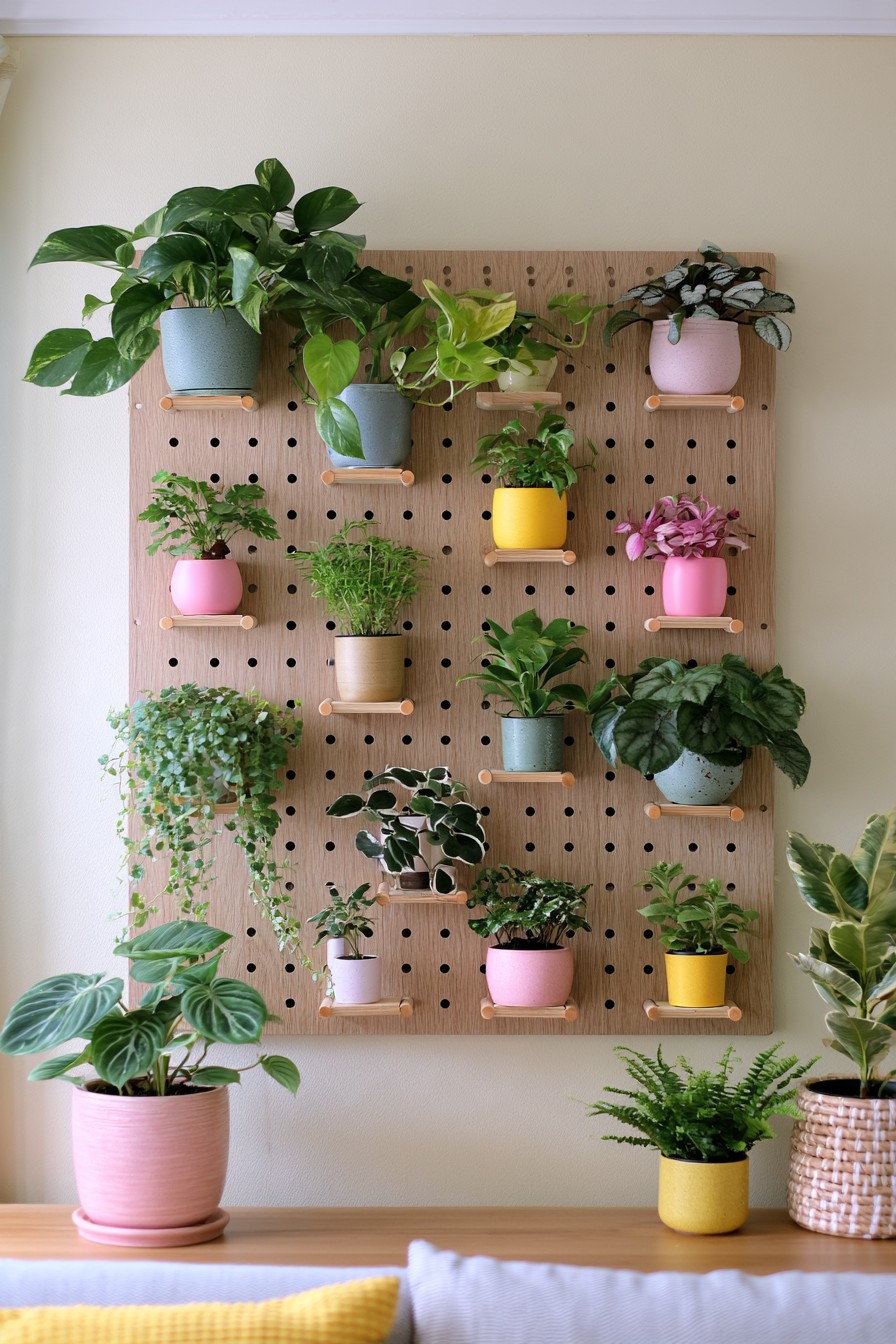Timber pegboard with small movable shelves holding pink, yellow, blue, and cream plant pots