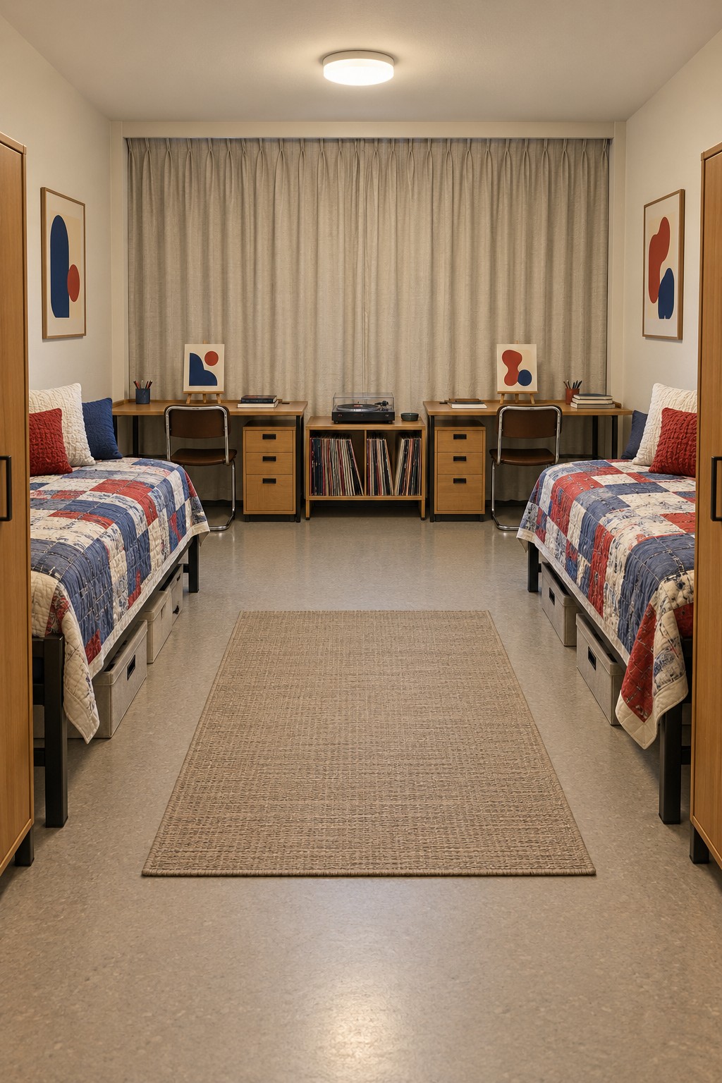 Two beds with red blue and cream patchwork quilts, rear desks, and a central record storage unit
