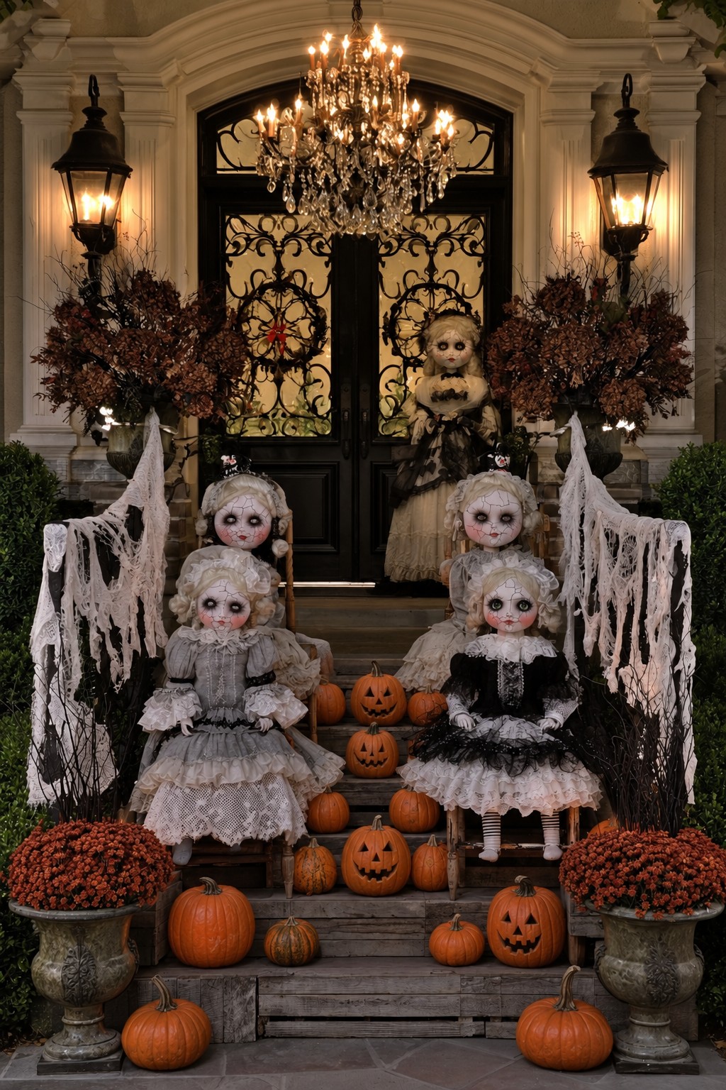 Five vintage-style dolls in lace dresses among pumpkins and rust-colored flowers