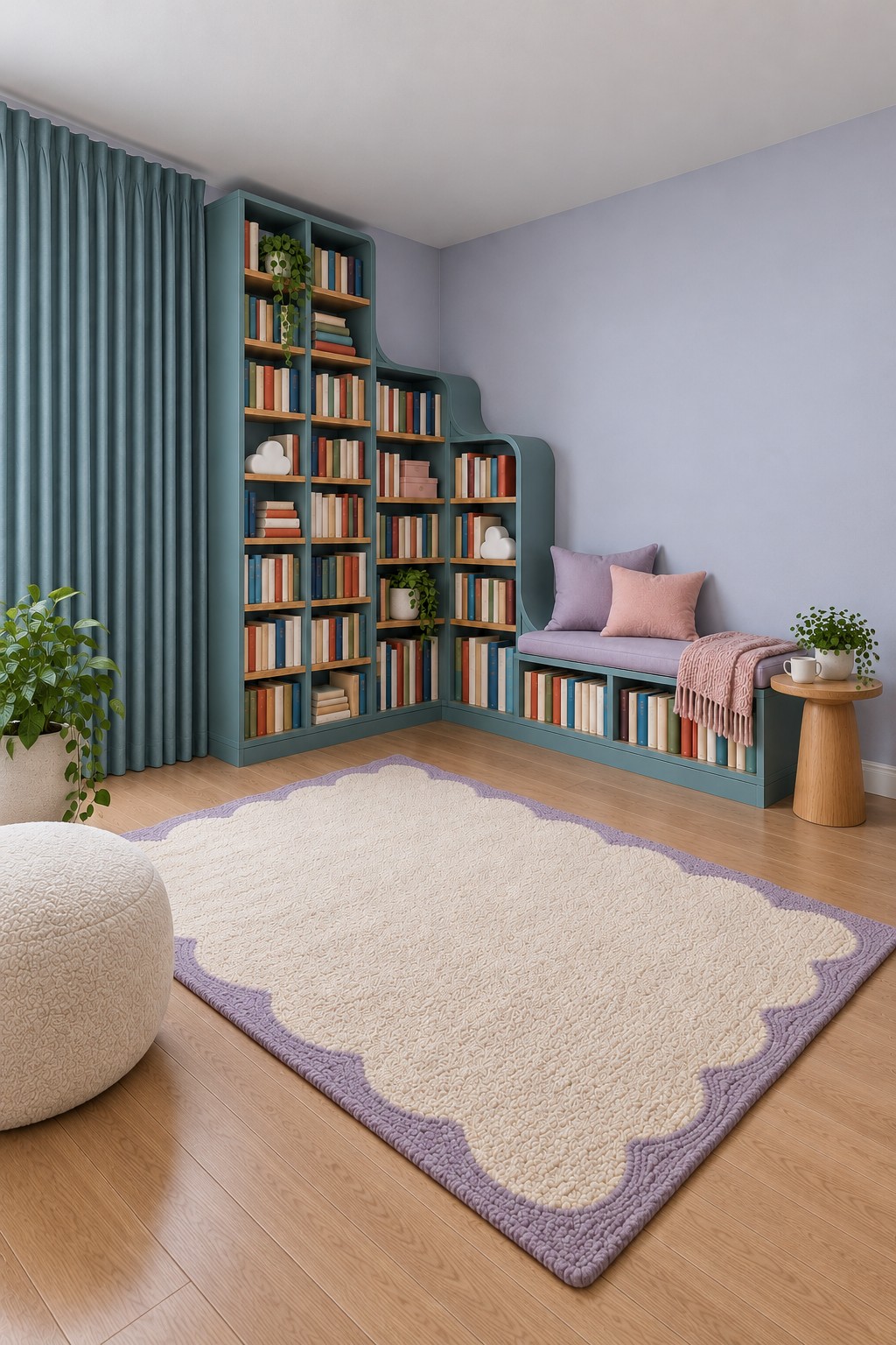 Stepped teal corner shelving descending into a cushioned reading bench with lavender walls and a cream scalloped rug