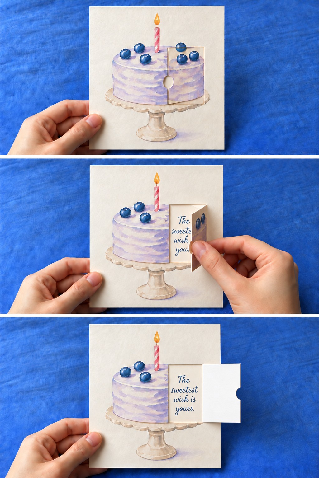 Three views of a watercolor blueberry cake card with a small message flap opening on the right
