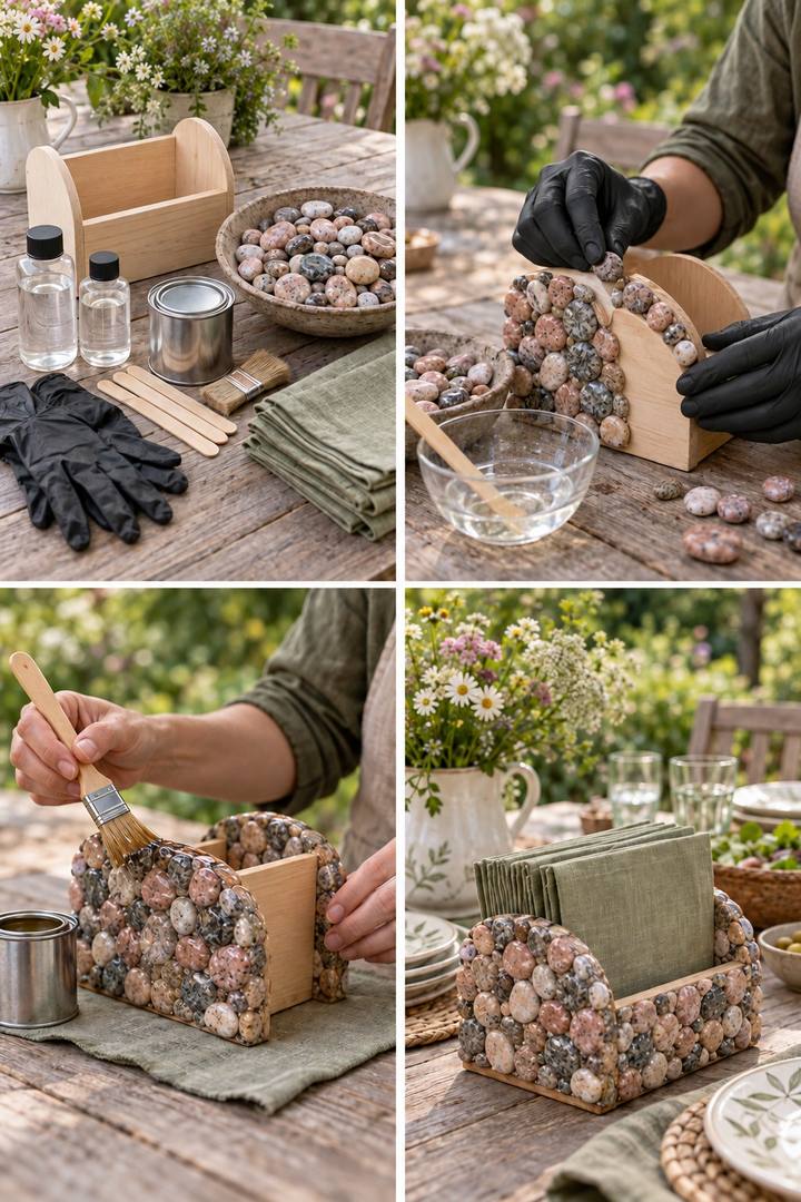 A wooden napkin holder clad with small speckled pebbles and filled with green napkins