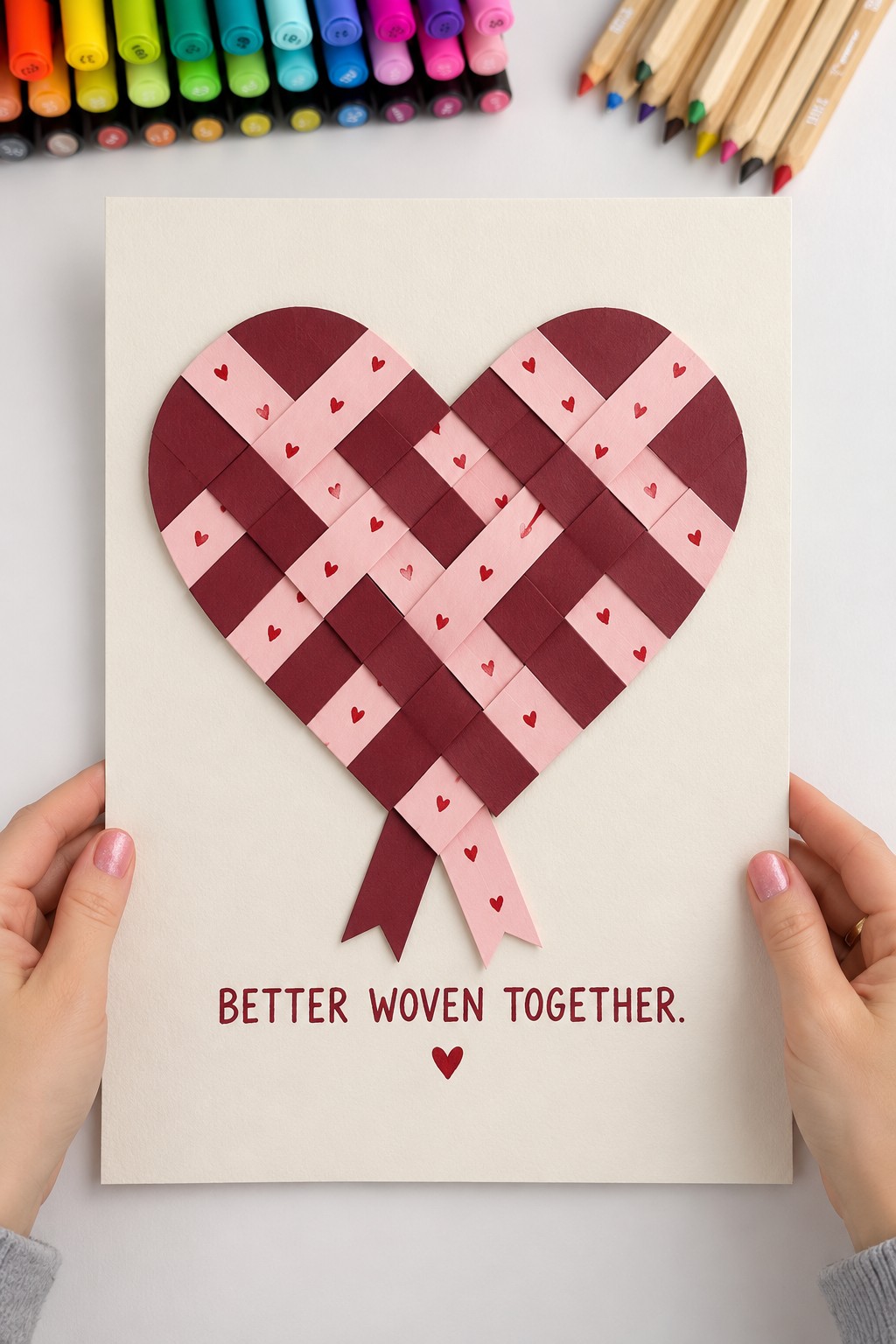 Burgundy and pink woven paper heart with two pointed tails and the message Better Woven Together