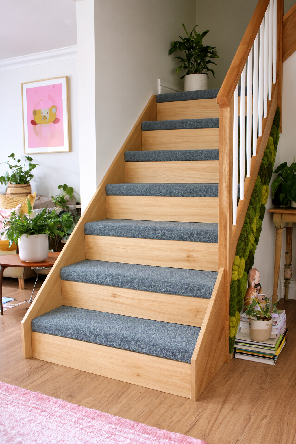 Wood staircase with clear blue gray treads and moss confined to the closed exterior side panel