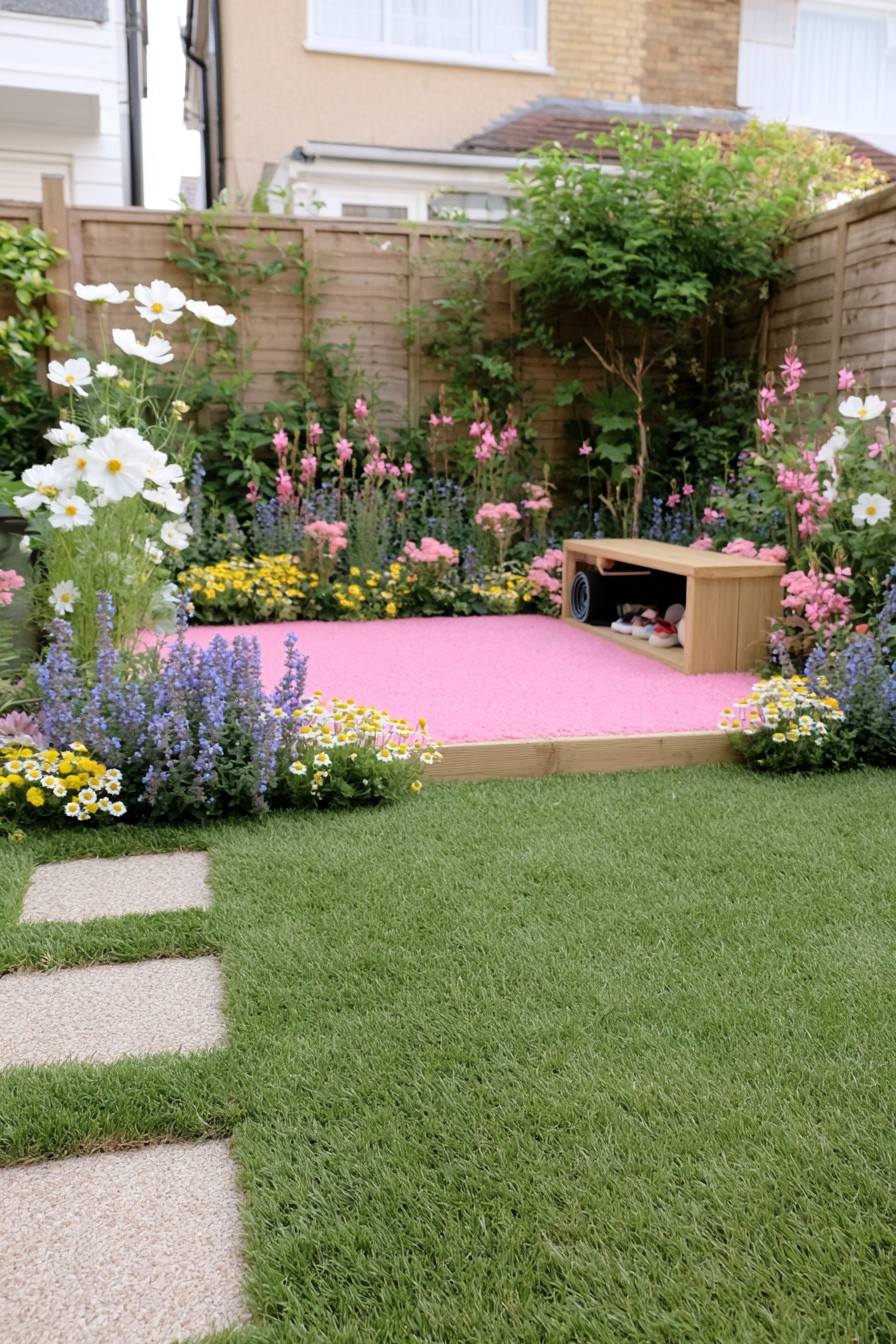 Pink activity platform with a low timber edge and storage seat among flower beds