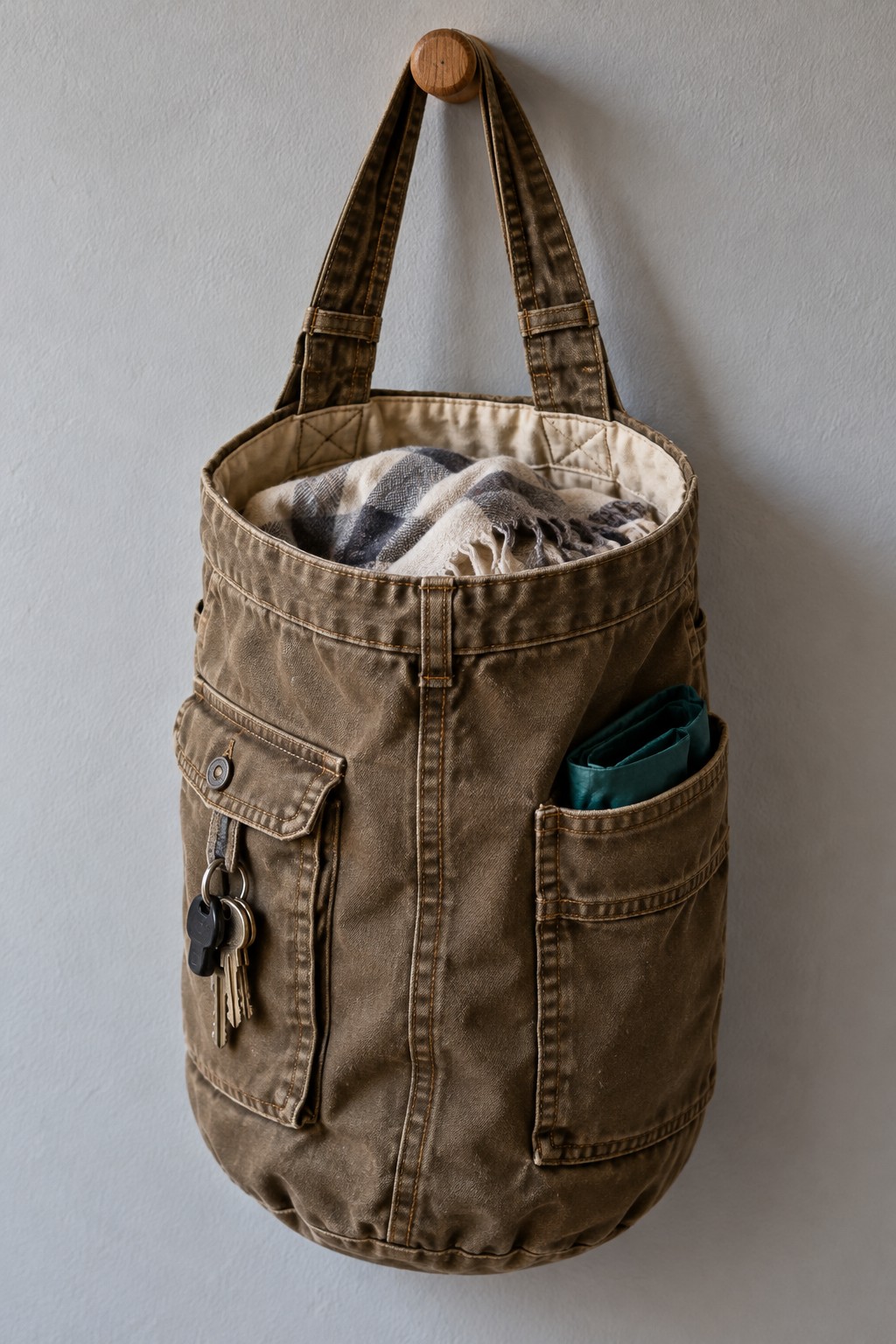 Round olive hanging fabric bag with shoulder straps and an outer cargo pocket