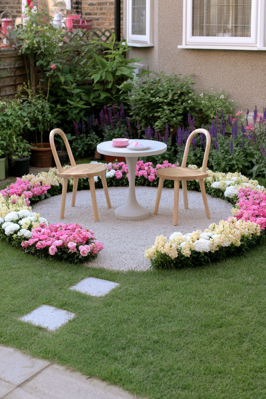 Round tea table and two wooden chairs on a gravel circle framed by low flower groups