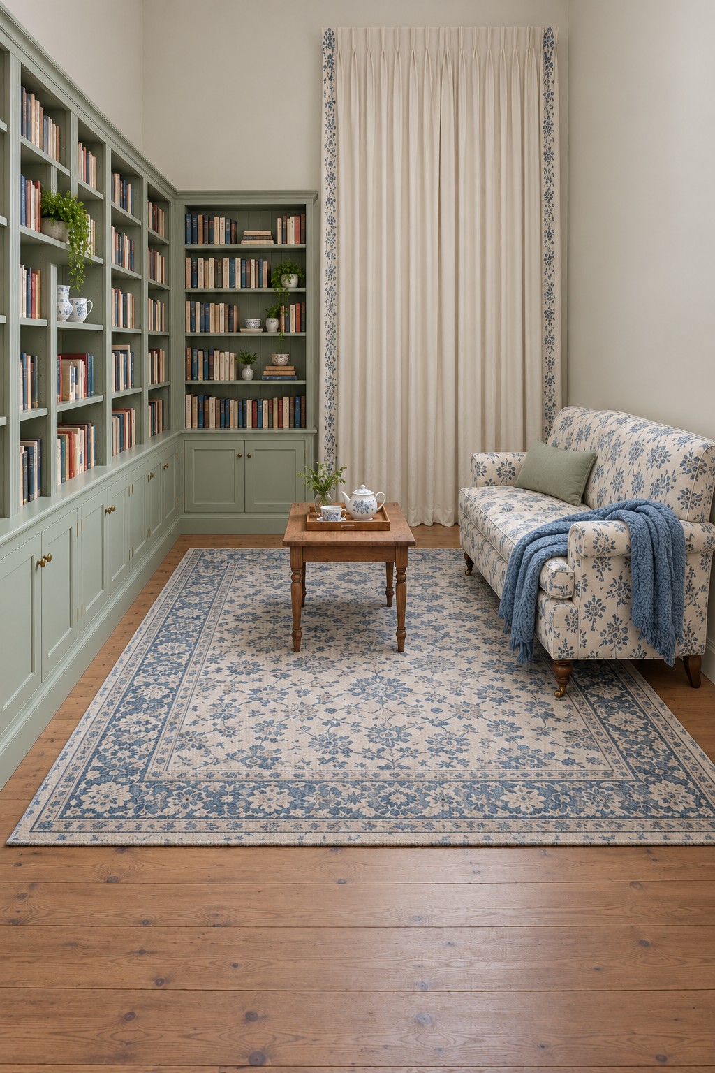 Sage green bookshelves with lower cupboards opposite a blue floral loveseat, a small wood tea table and a patterned rug
