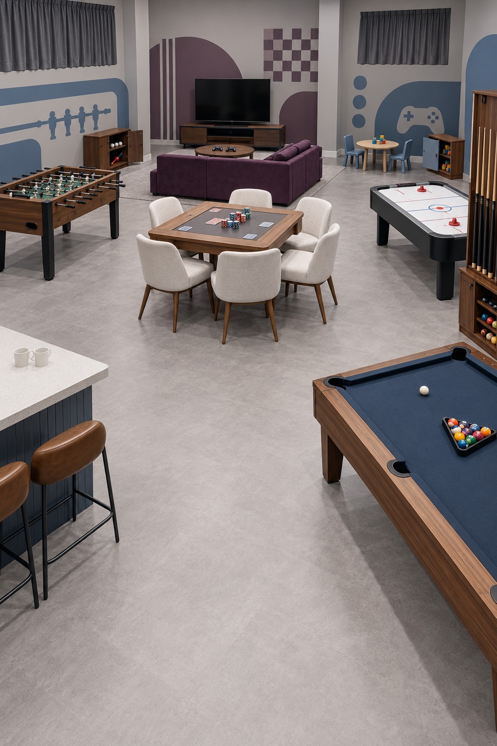 Lavender and blue basement with a purple sofa, central card table, foosball, air hockey, pool, and a small children's table