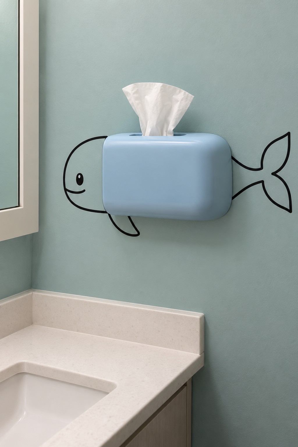 Blue wall tissue dispenser forming a whale body with a tissue spout and painted head, fin and tail